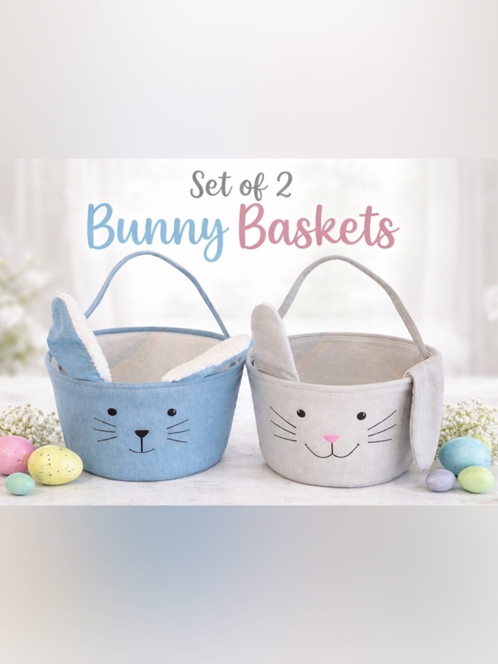 Set of 2 Bunny Easter Baskets Blue & Gray Fabric Easter Buckets